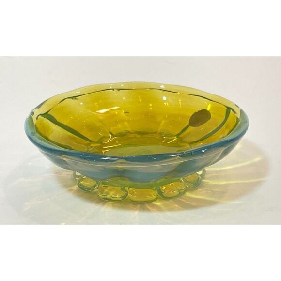 Vintage Murano Art Glass Camer MCM Yellow Blue Small Footed Bowl - Picture 4 of 15